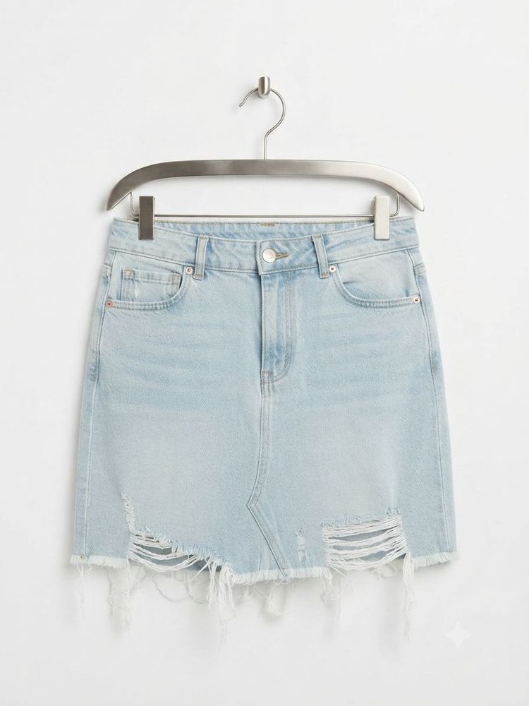 Light Wash Distressed Denim Mini Skirt