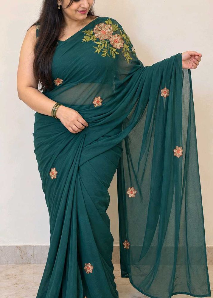 Elegant Teal Saree with Floral Embroidery