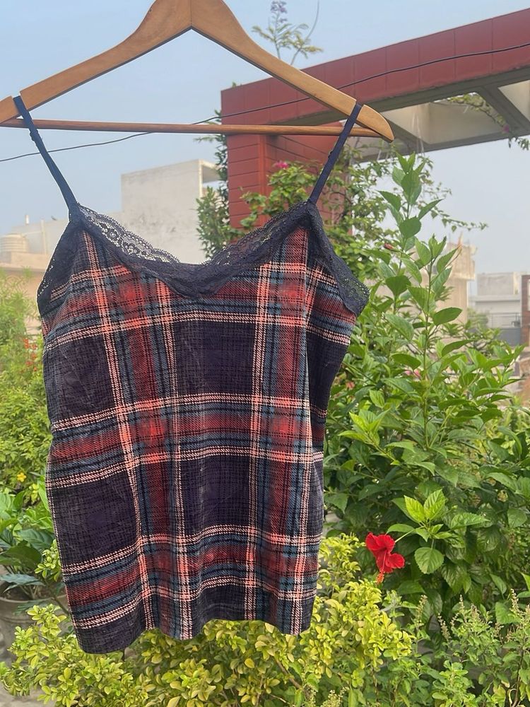 Plaid Lace Trim Cami Top