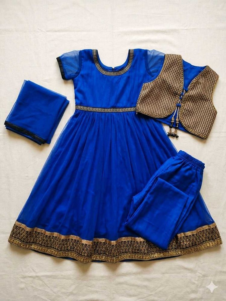 Blue Anarkali Kurta Set with Dupatta &amp; Jacket