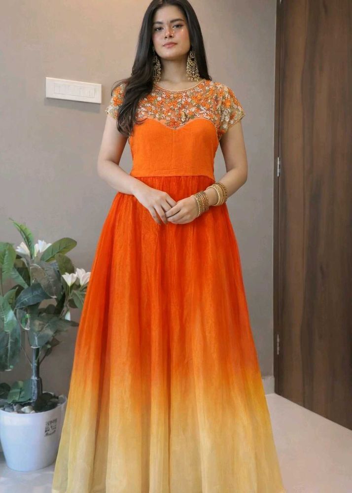 Elegant Orange Embroidered partywear Gown
