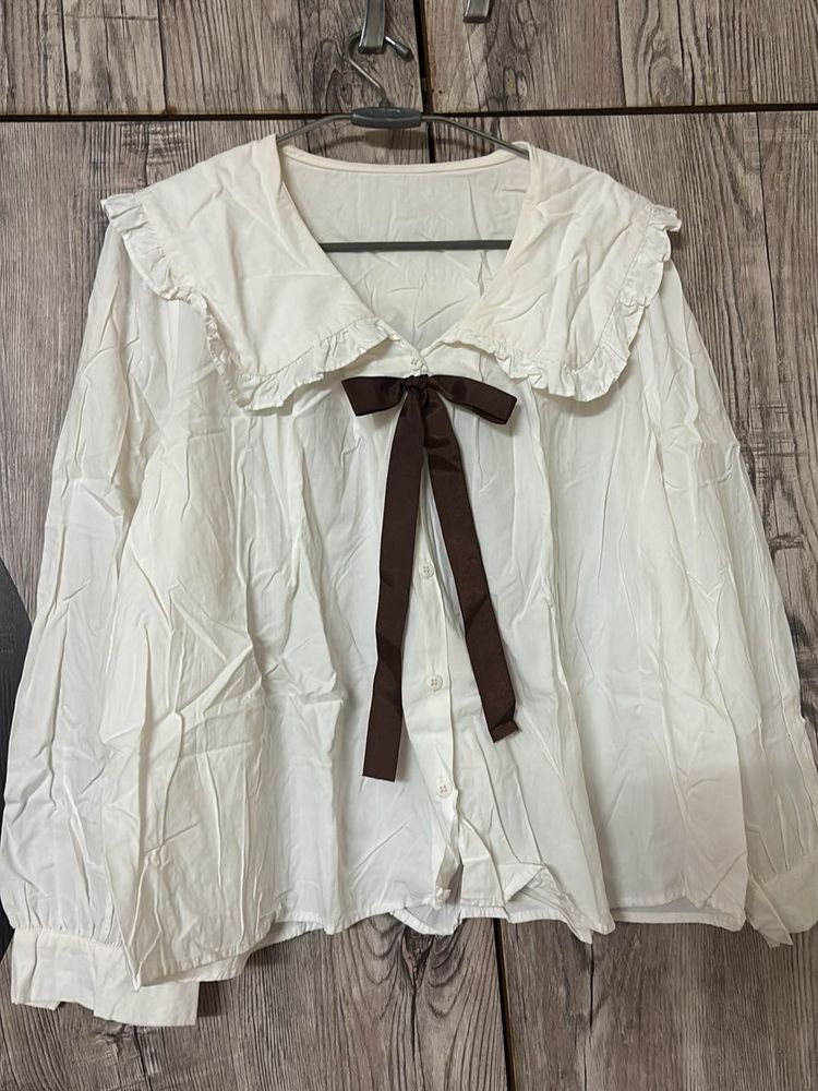Cute White Ruffled Collar Top