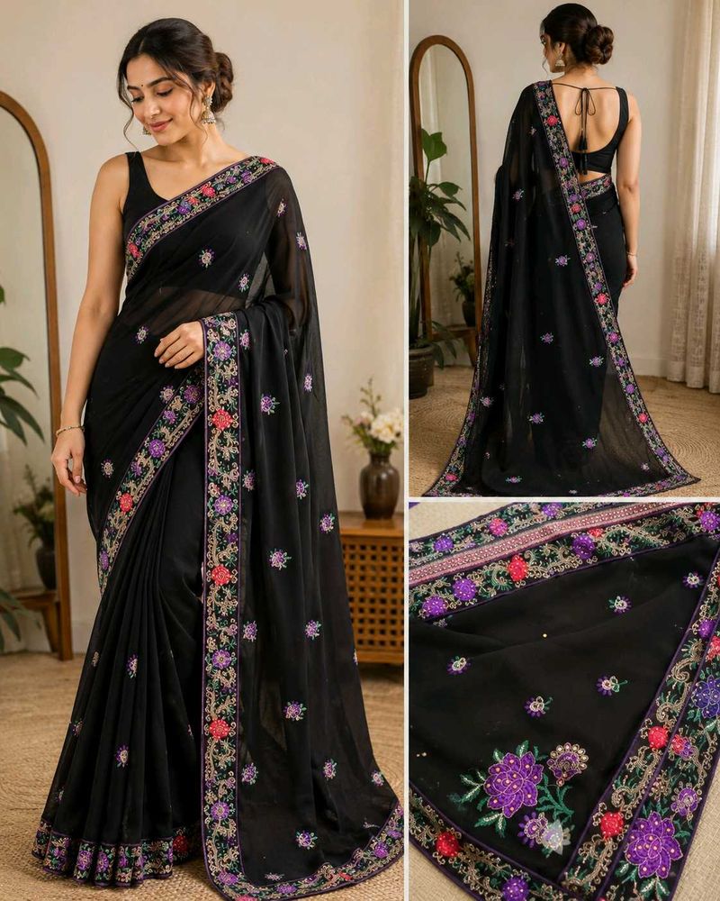 Elegant Black Embroidered Saree