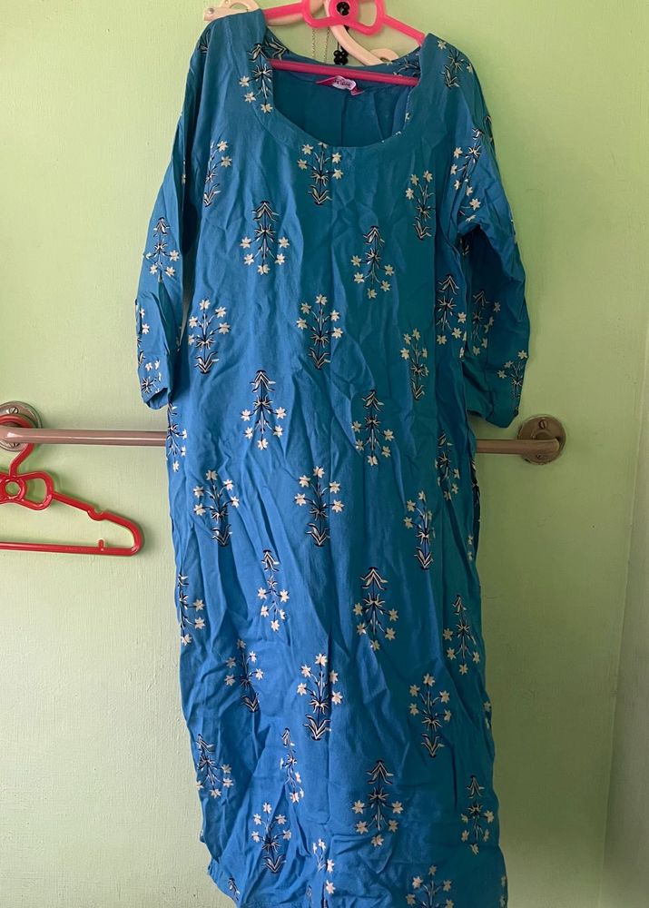 Blue Kurta with White Floral Print