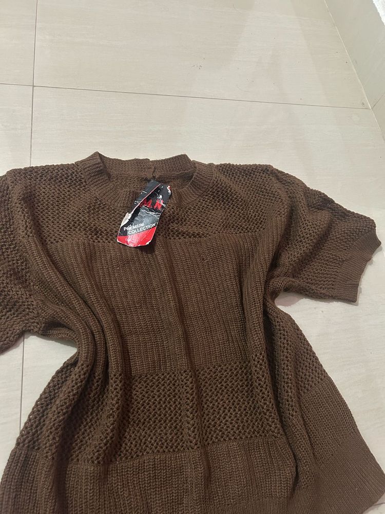 Brown Knit Short Sleeve Top
