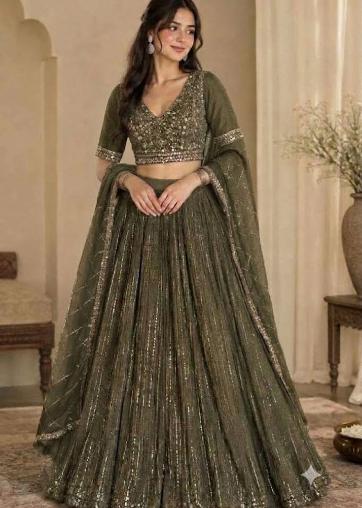 Olive Green Sequined Lehenga Set