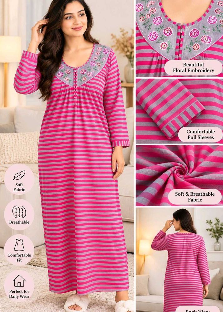 Comfortable Striped Nightgown with Embroidery