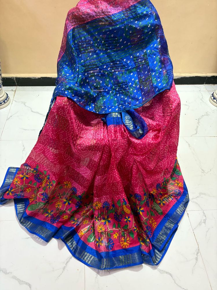 Vibrant Pink &amp; Blue Bandhani Saree