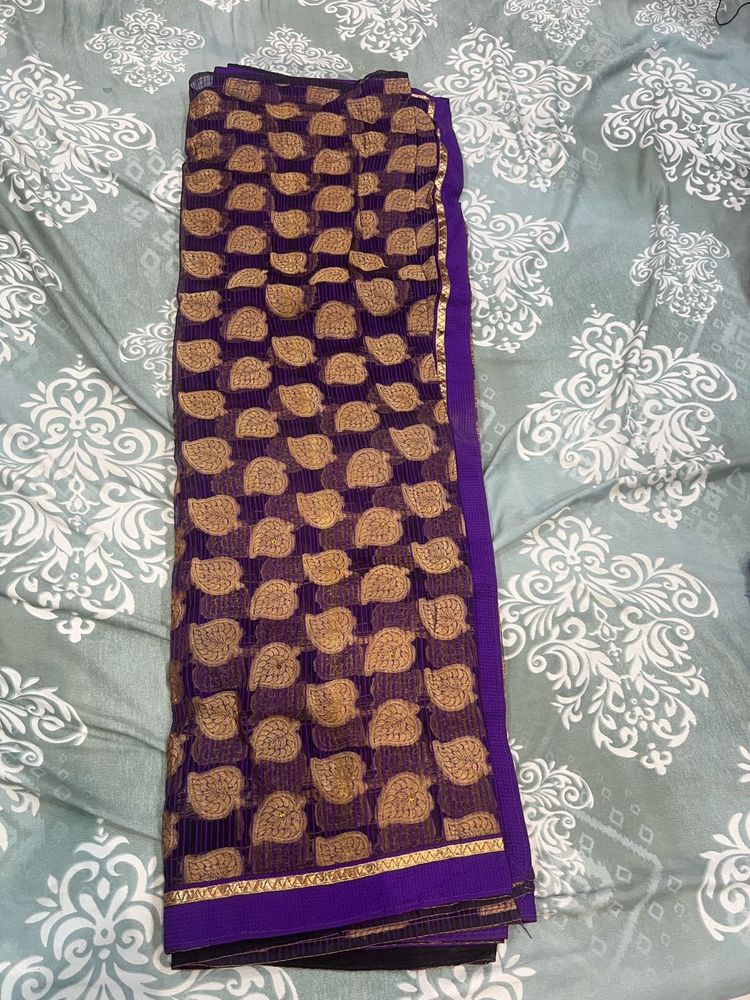 Beautiful Purple Saree with Gold Leaf Pattern