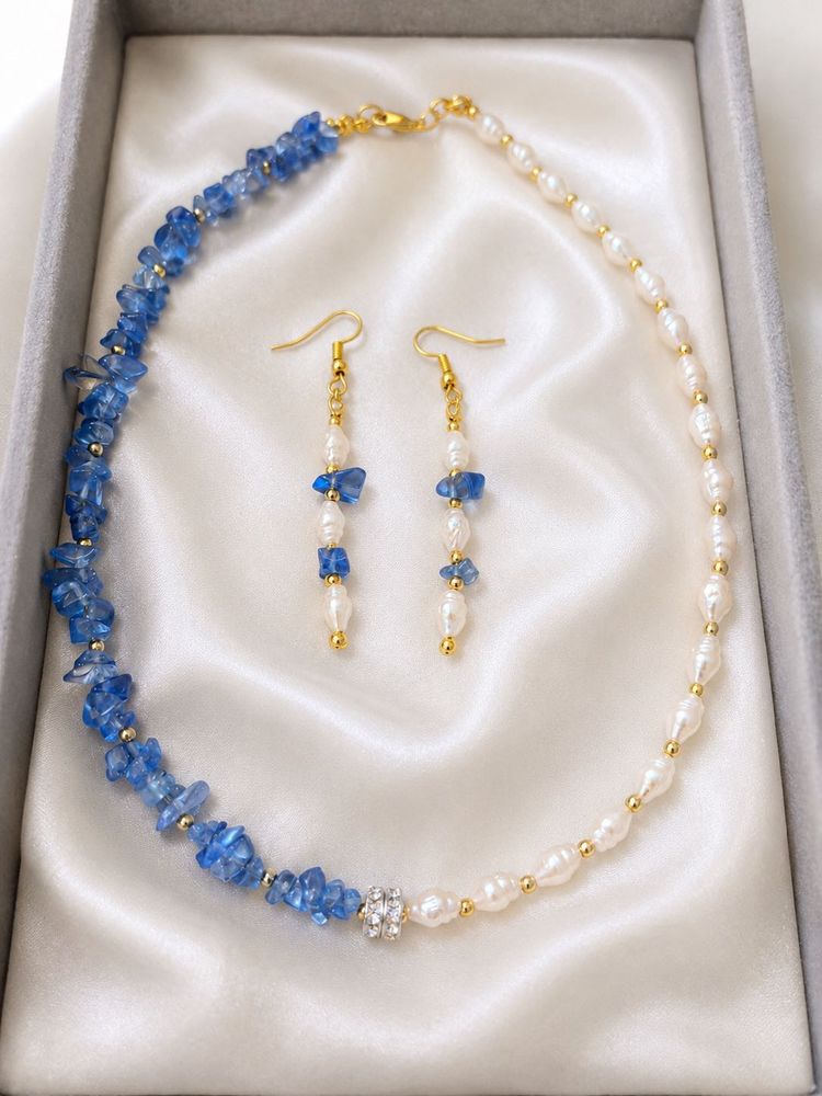 Pearl &amp; Blue Stone Necklace and Earring Set