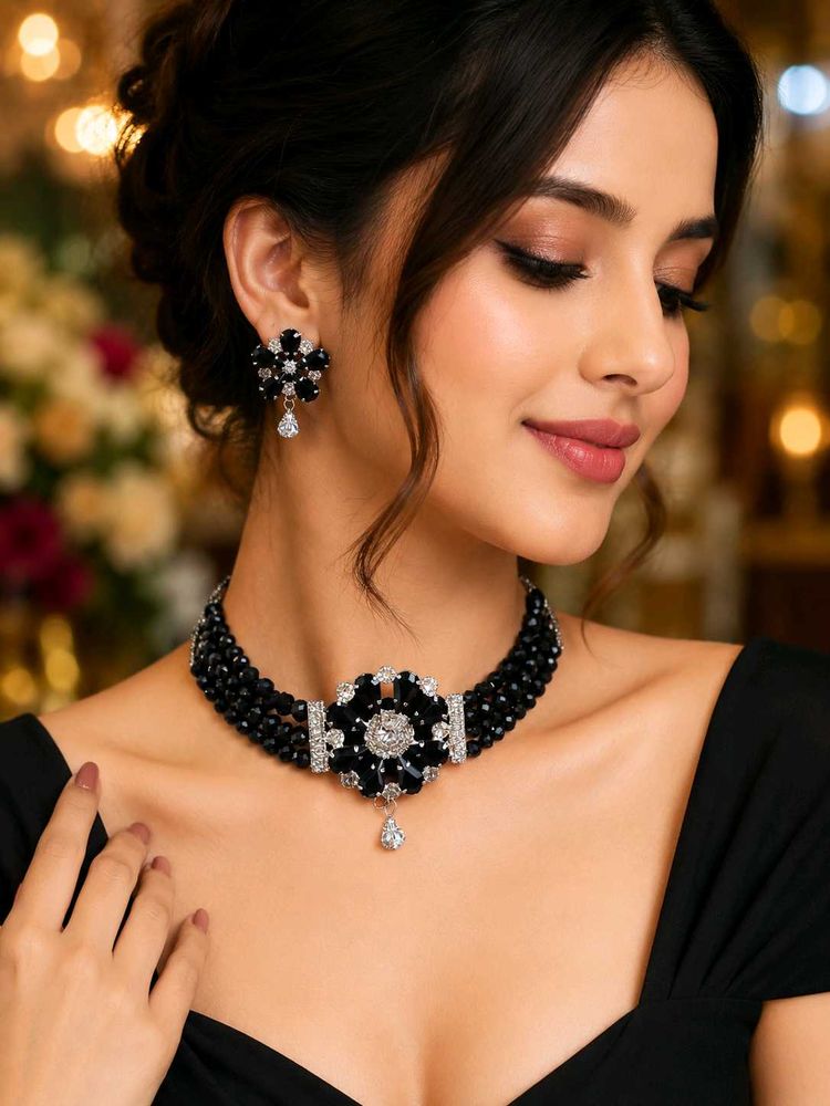 Trendy Black Crystal Beaded Choker Necklace Set