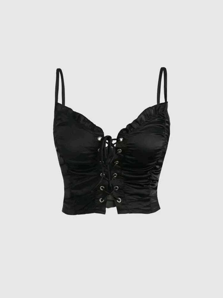 Chic Black Lace-Up Ruched Crop Top