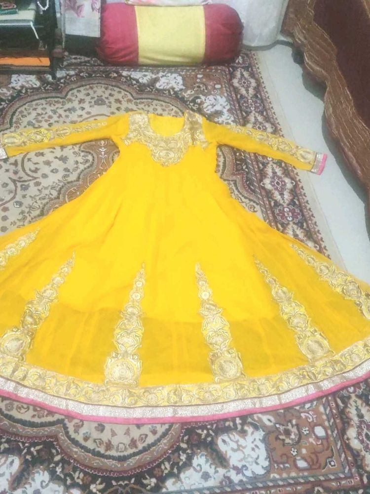 New Yellow Embroidered anarkali long suit set