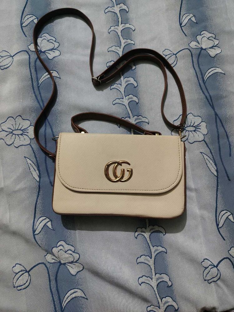 Cream Beige Crossbody Sling Bag with Brown Strap &amp;