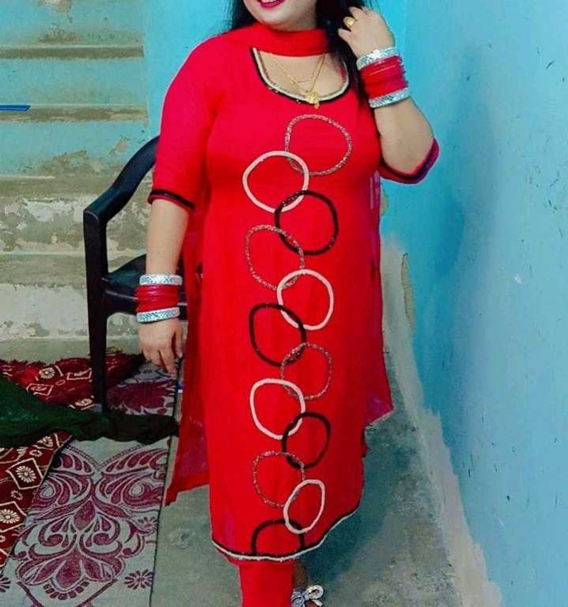 Vibrant Red Kurta Set with Circle Embellishments