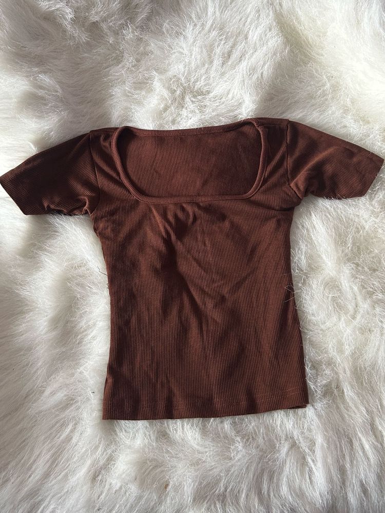 Brown Ribbed Square Neck Top