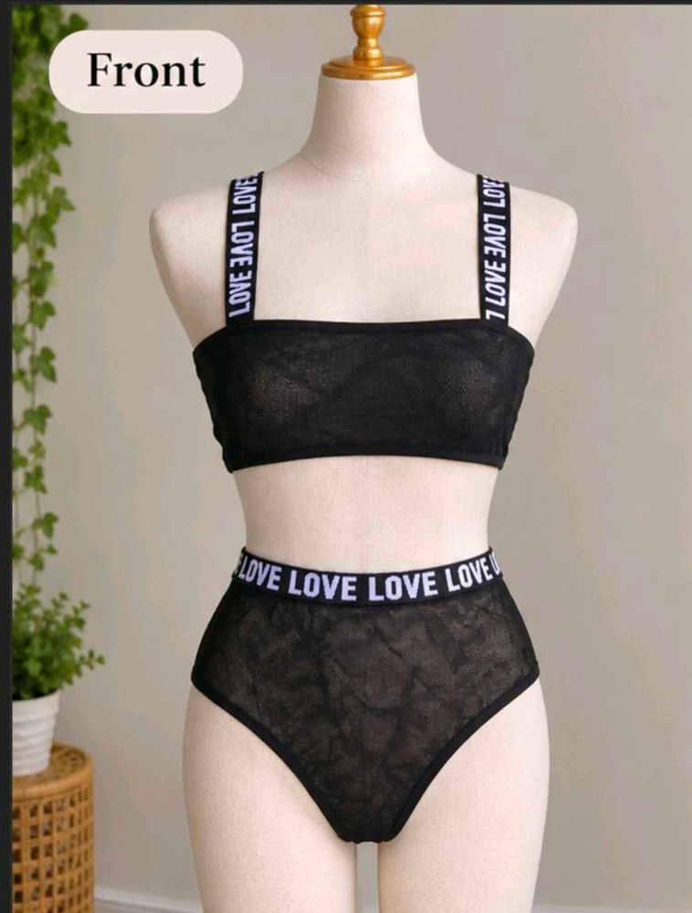 Sheer Black Lingerie Set with "LOVE" Detail