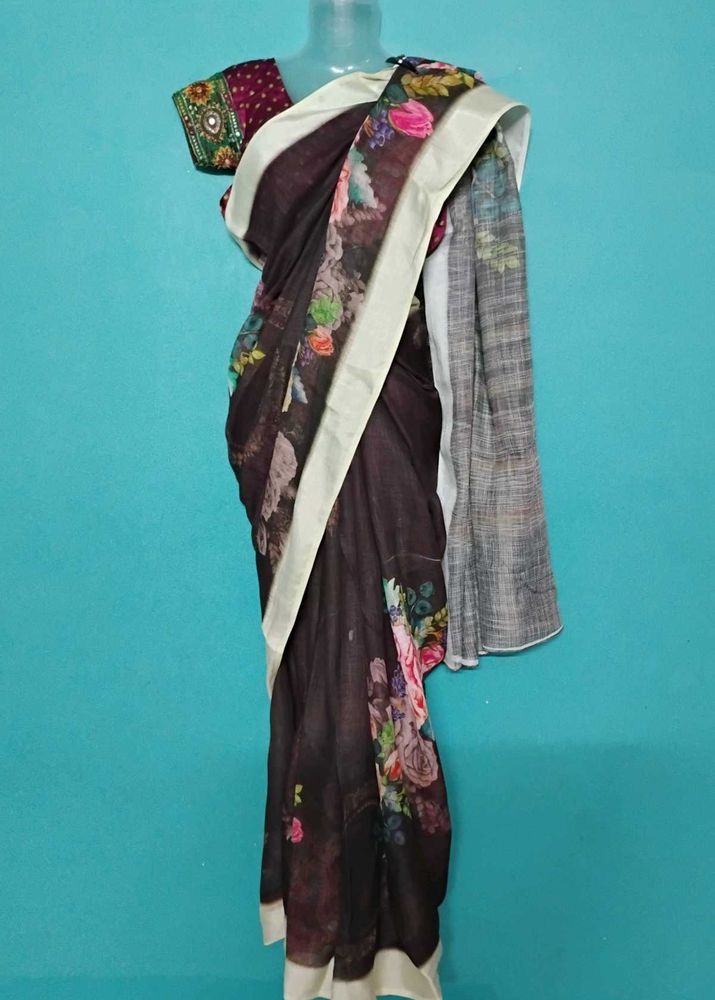 Brown lenin cotton saree