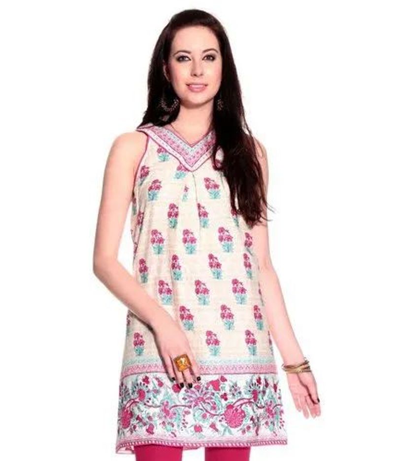 Biba Beige Floral Print Sleeveless Kurta