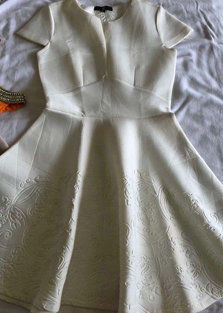 Cream Textured Fit and Flare Dress
