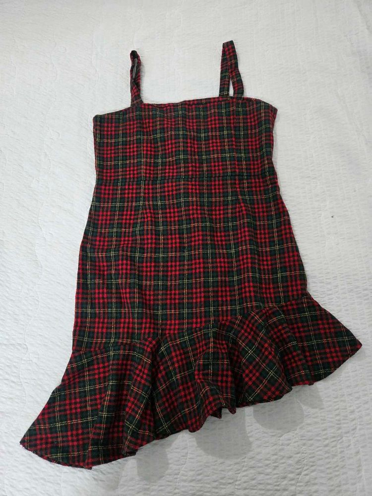 Red Plaid Mini Dress with Ruffle Hem bust 34