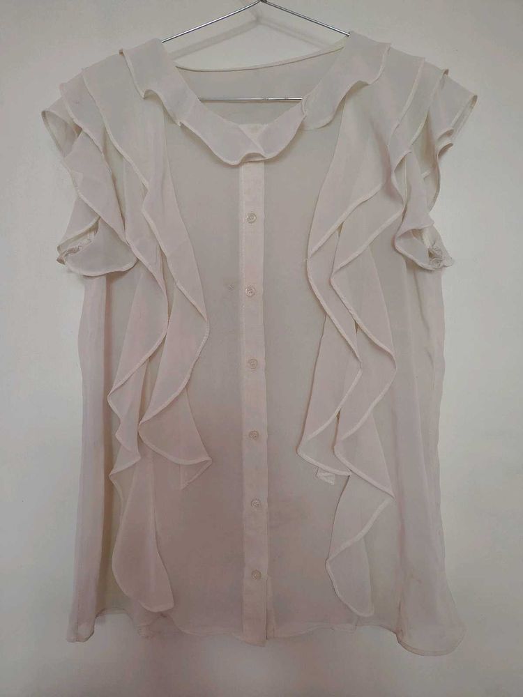Sheer Ruffle Button-Up Blouse