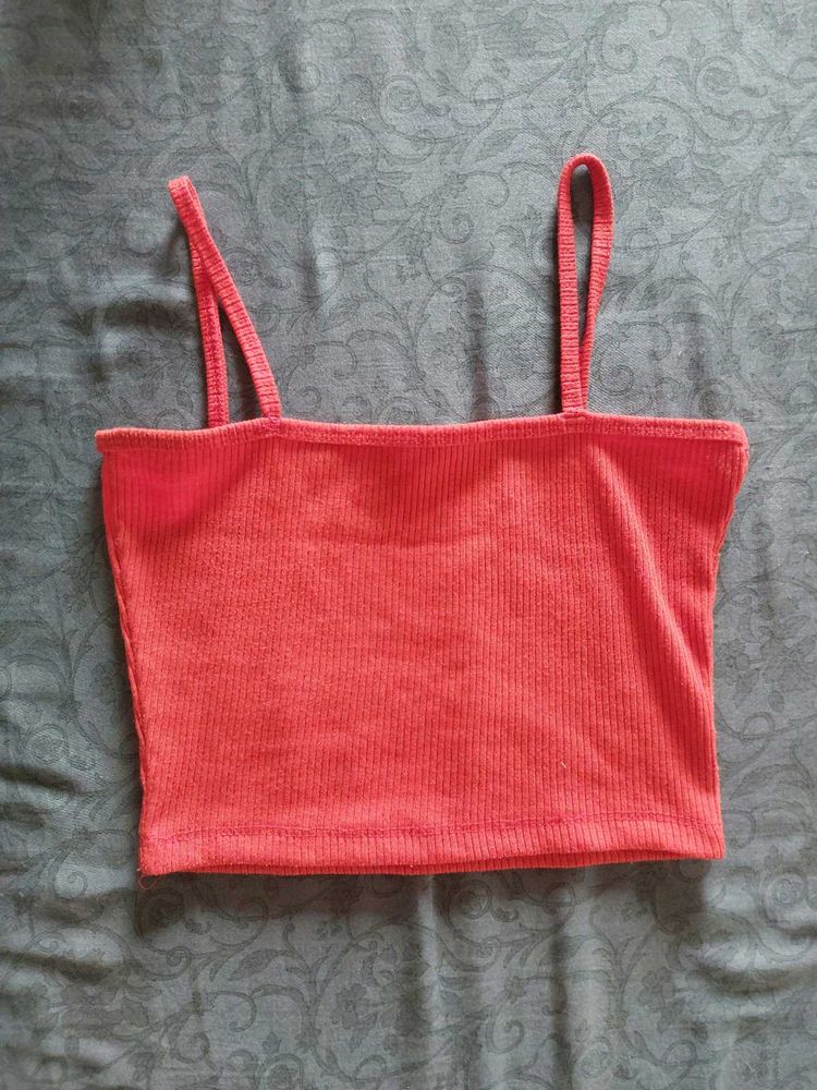 Coral Ribbed Spaghetti Strap Crop Top