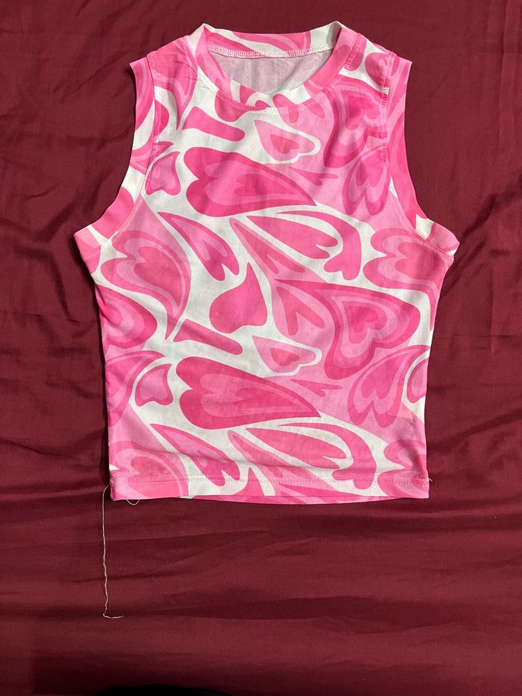 Pink Heart Print Sleeveless Sheer Top