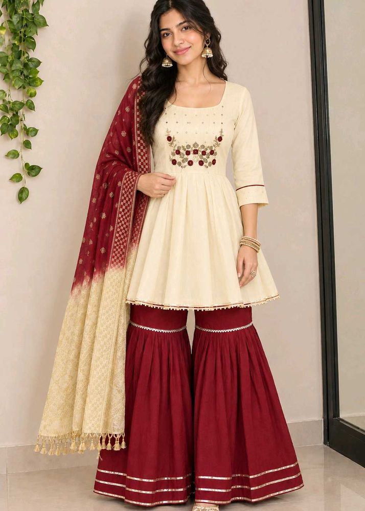 Elegant Cream &amp; Maroon Sharara Set