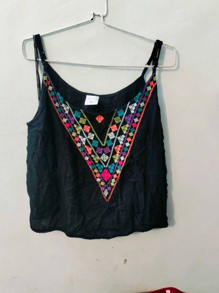 Embroidered Black Tank Top