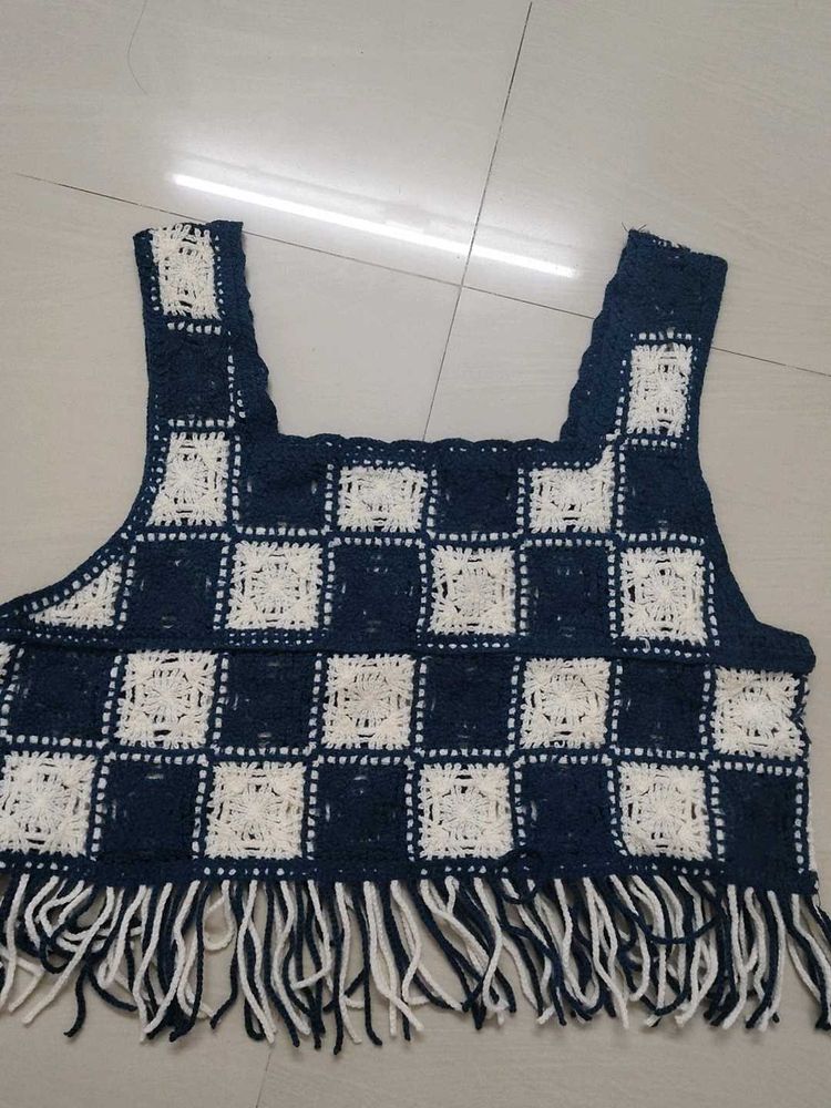 Crochet Checkerboard Crop Top with Fringe