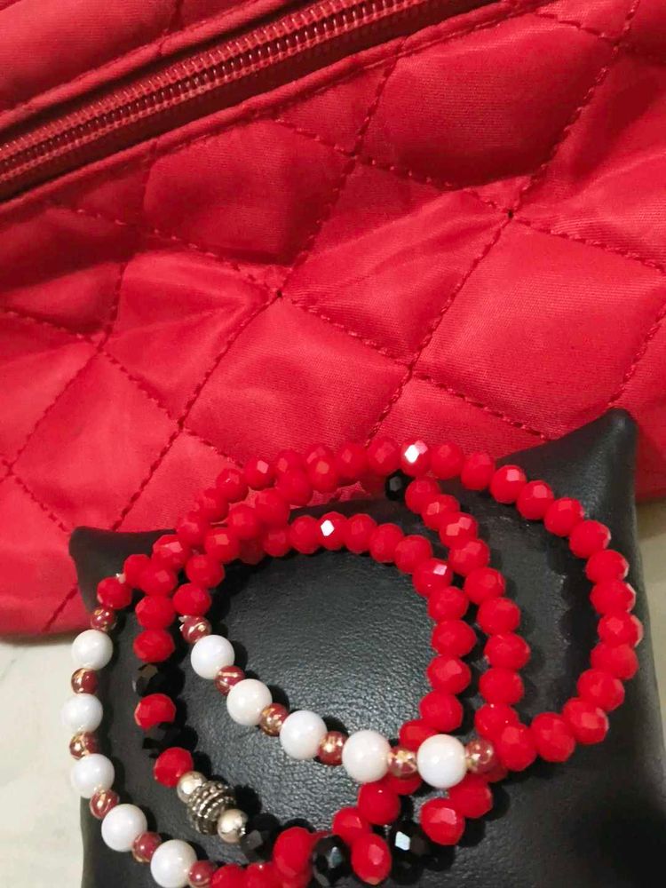 Vibrant Red crystal, white pearl Bracelet Set