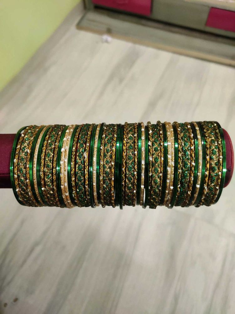 Green &amp; Gold Embellished Bangles