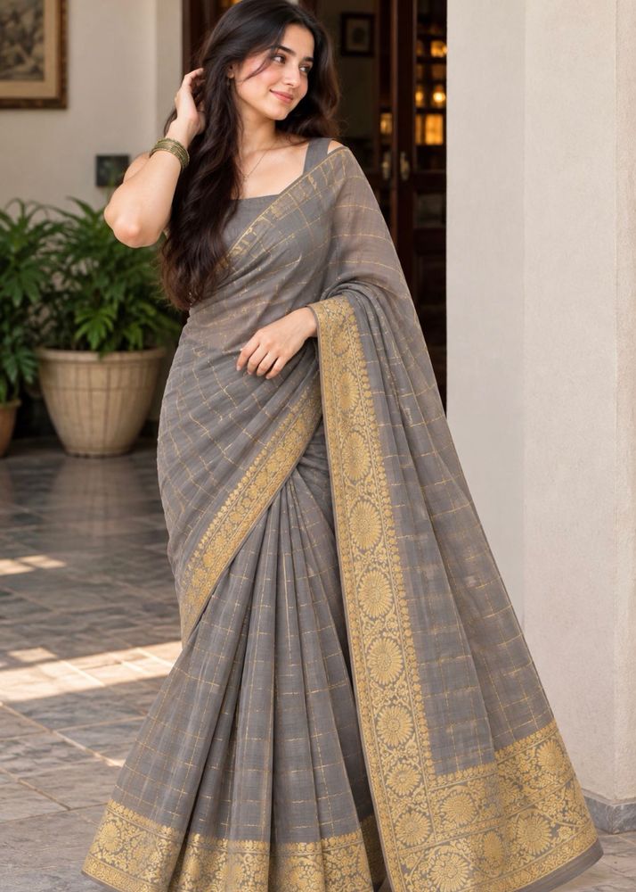 Elegant Grey Saree with Gold Border