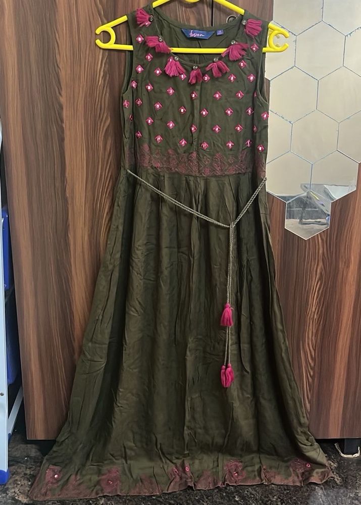Olive Green Embroidered Maxi Dress