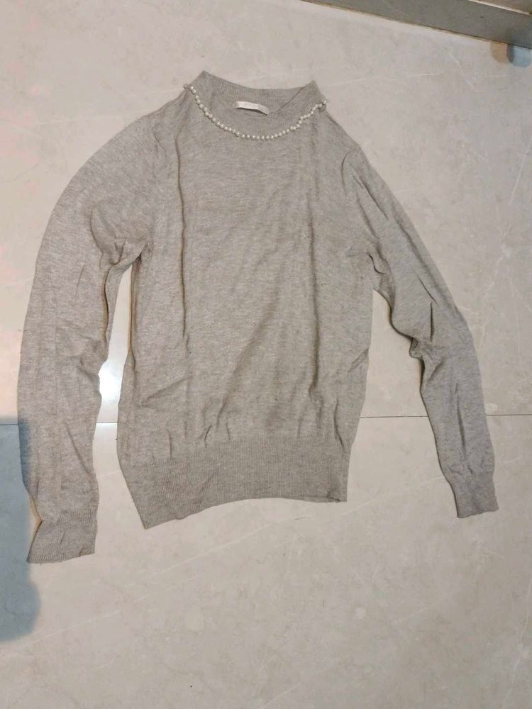 Gray Pearl Embellished Sweater
