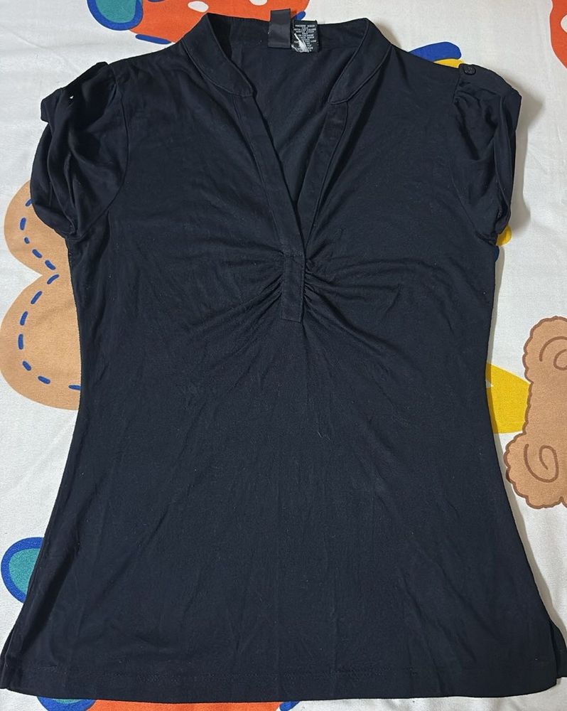Classic Black V-Neck Ruched Top