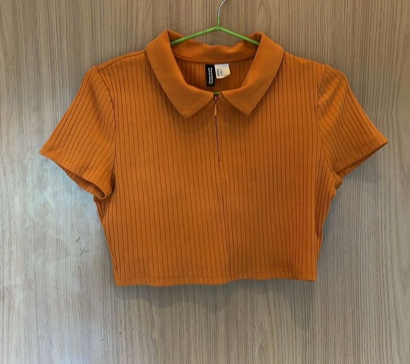 H&amp;M - Ribbed Cropped Polo Top