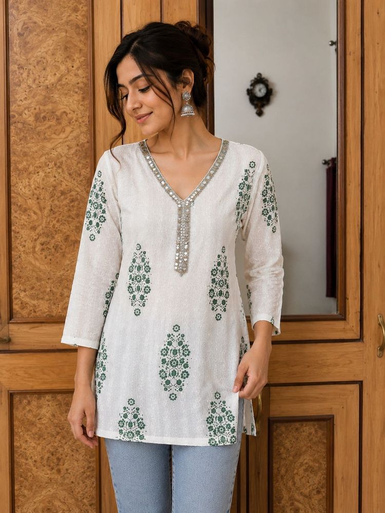 Elegant White Kurta with Green Floral Print