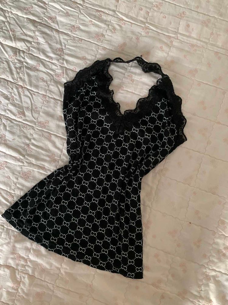 Black Lace Trim Print Halter Top