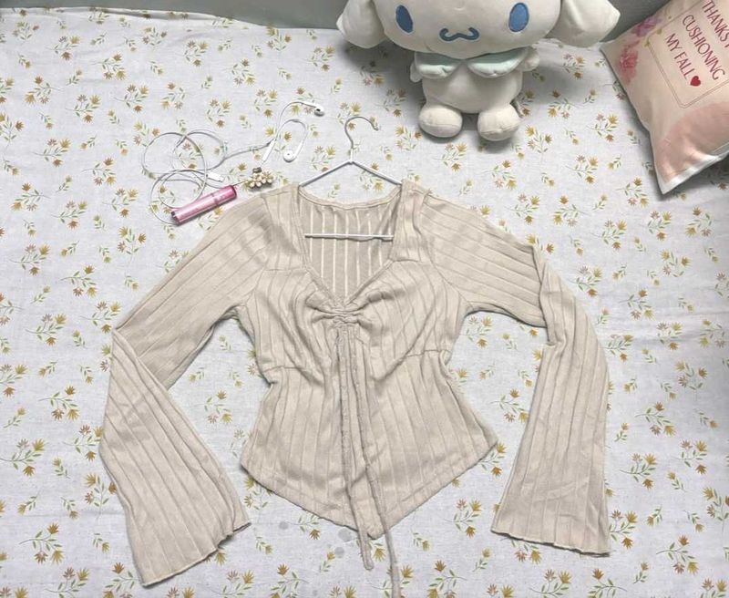 Ribbed Bell Sleeve Cinched Top