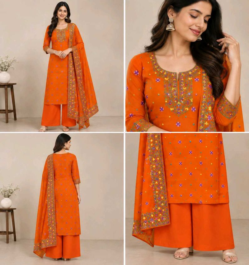Vibrant Orange Embroidered Kurta Set with Palazzo