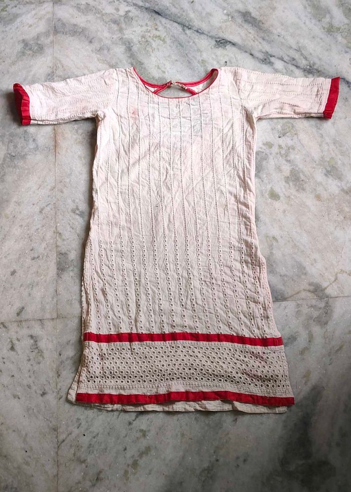Women's White Kurta with Red Trim