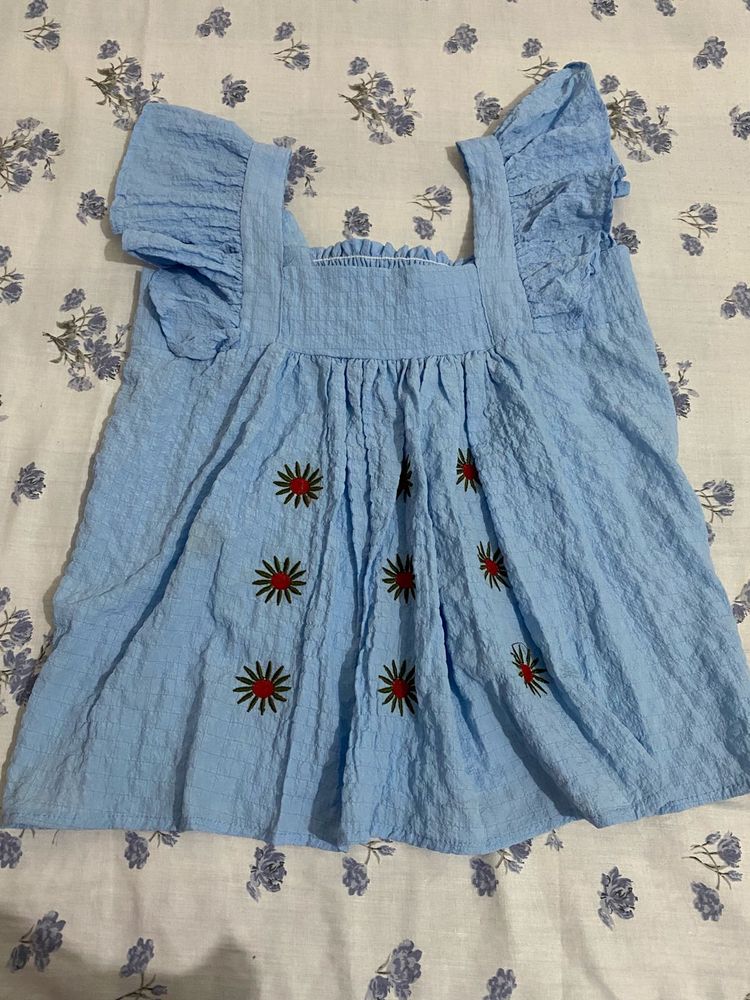 Blue Textured Top with Floral Embroidery