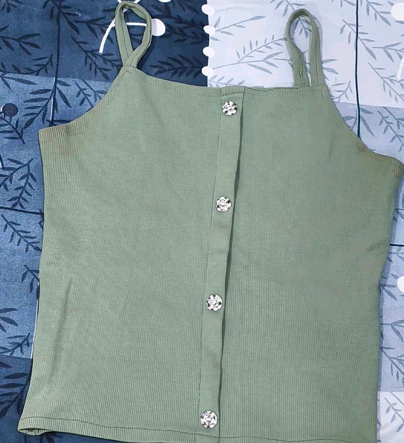 Ribbed Button-Up Green Camisole Top