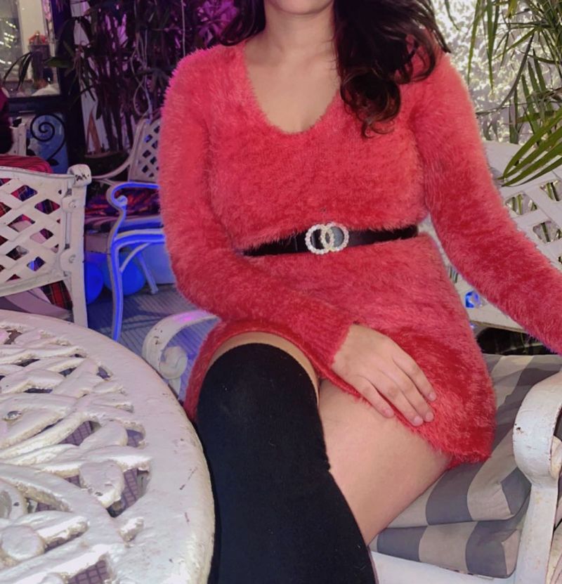 tomato red Fluffy V-Neck Mini Dress