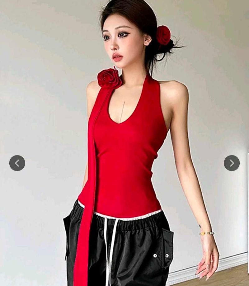 Red Halter Neck bodysuit style with Rose Detail