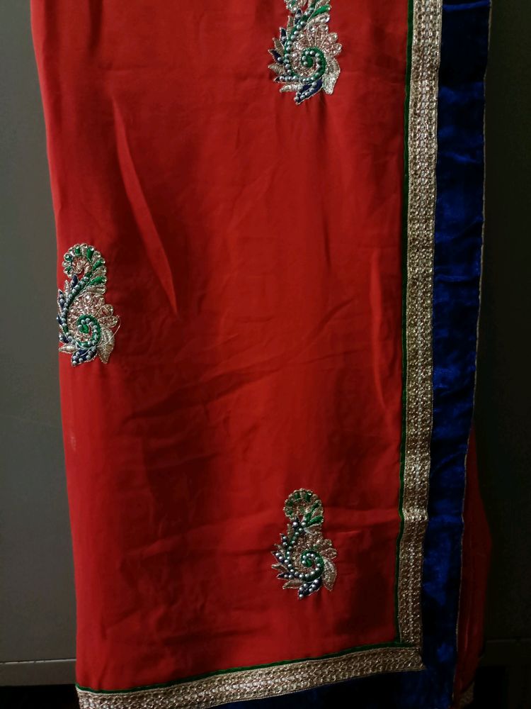 Embroidered Orange &amp; Blue Saree