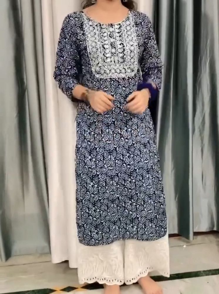 Blue Kurta with White Palazzo Pants