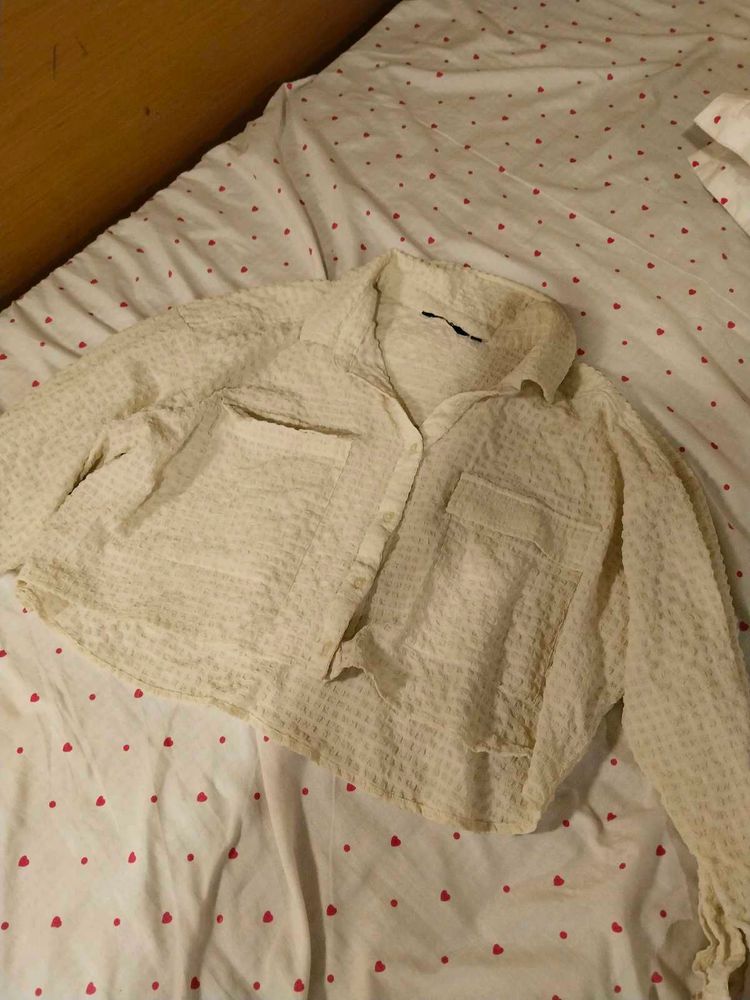 Cream Textured Cropped Oversized Shirt